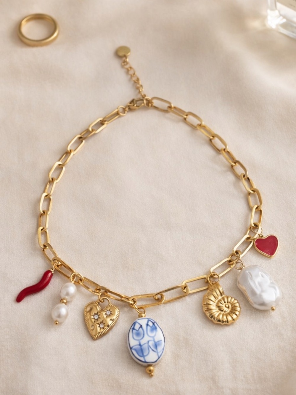 Anthropologie Gold Charm Link Necklace with Red, White, Blue Accents